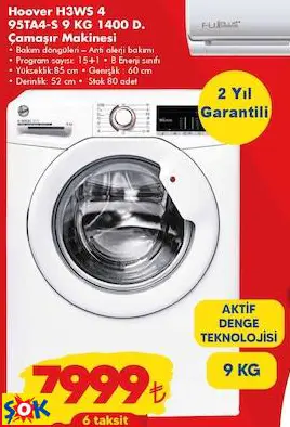 HOOVER H3WS 4 95TA4-S 9 KG 1400 D. ÇAMAŞIR MAKİNESİ